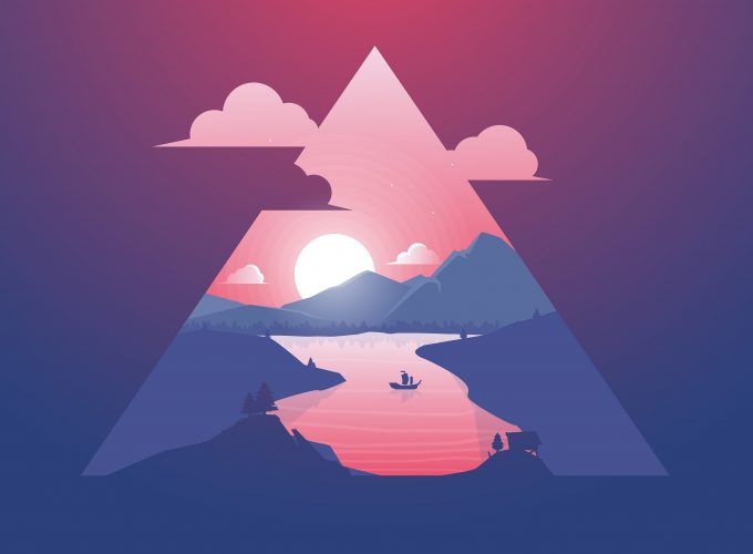 Wallpaper mountain, sun, river, purple, triangle, 4k, Abstract 1397913950